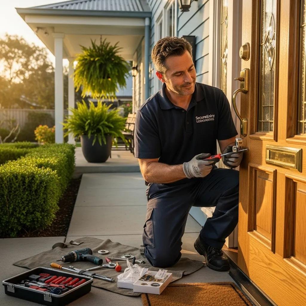 Locksmith installing a new lock on a front door, emphasizing residential security services