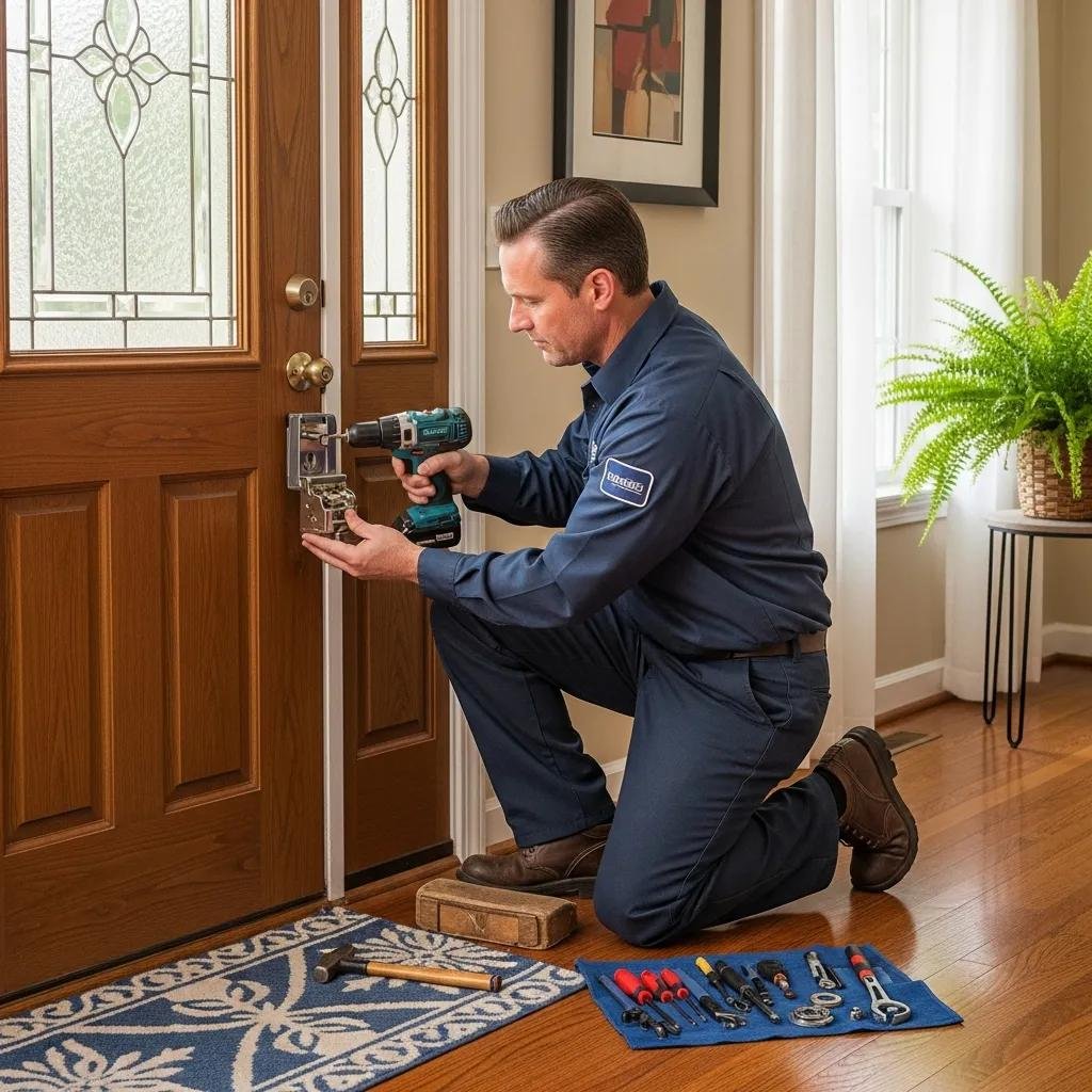 Locksmith installing a new lock on a front door, showcasing residential locksmith services