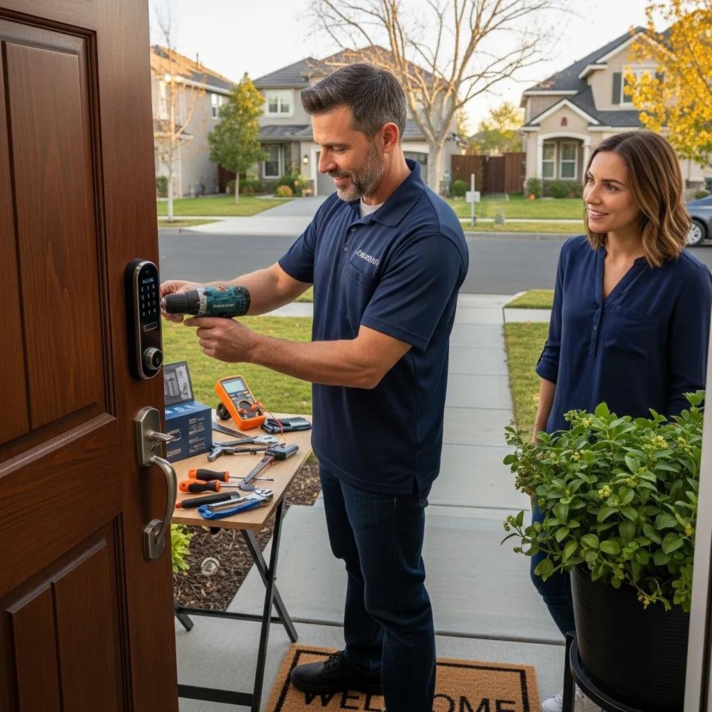 Locksmith installing a smart lock for a homeowner, enhancing security