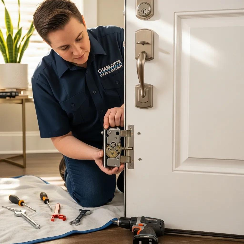 Locksmith installing a smart lock on a front door in Charlotte, NC, showcasing residential locksmith services