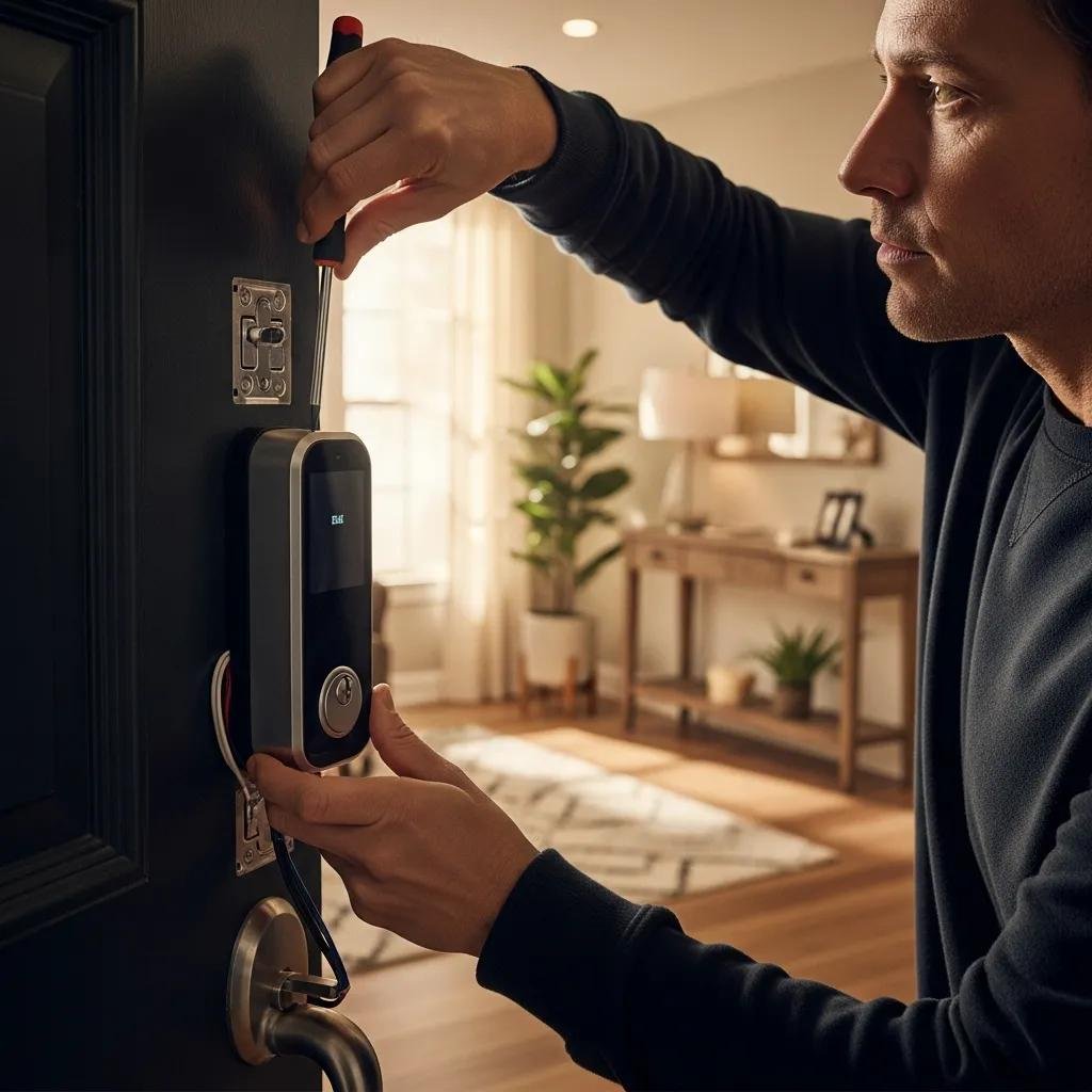 Locksmith installing a smart lock on a residential door, emphasizing home security upgrades