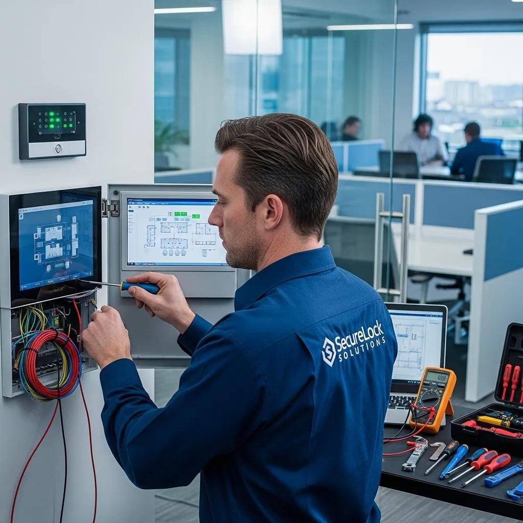 Technician installing an access control system in a Charlotte office to secure a business
