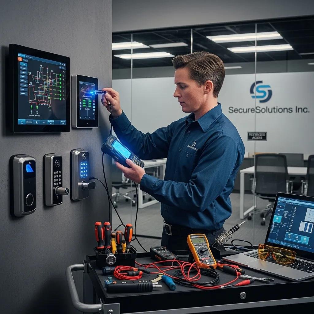 Technician installing electronic locks in a commercial space, showcasing business locksmith services
