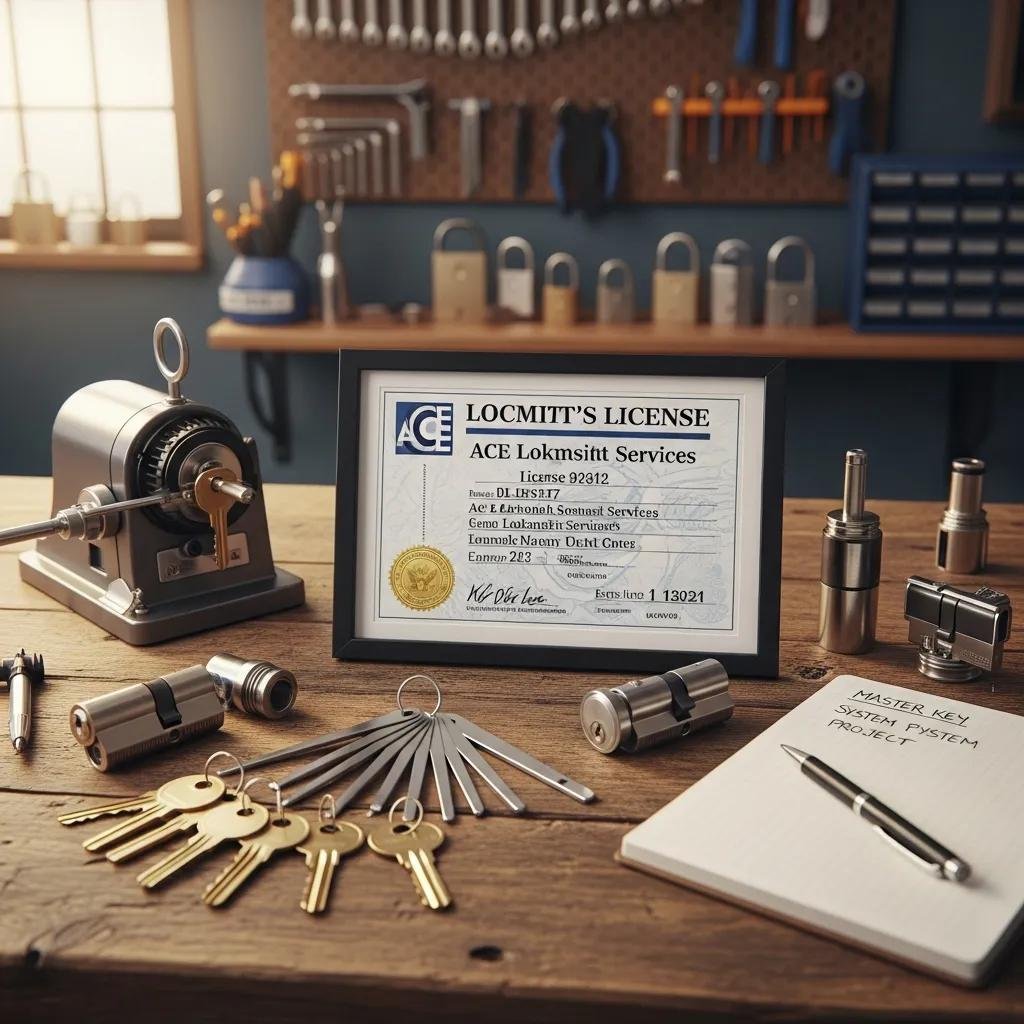 Locksmith license and tools on a workbench in a professional workshop setting, featuring various locks, keys, and a notepad labeled "Master Key System Projects."