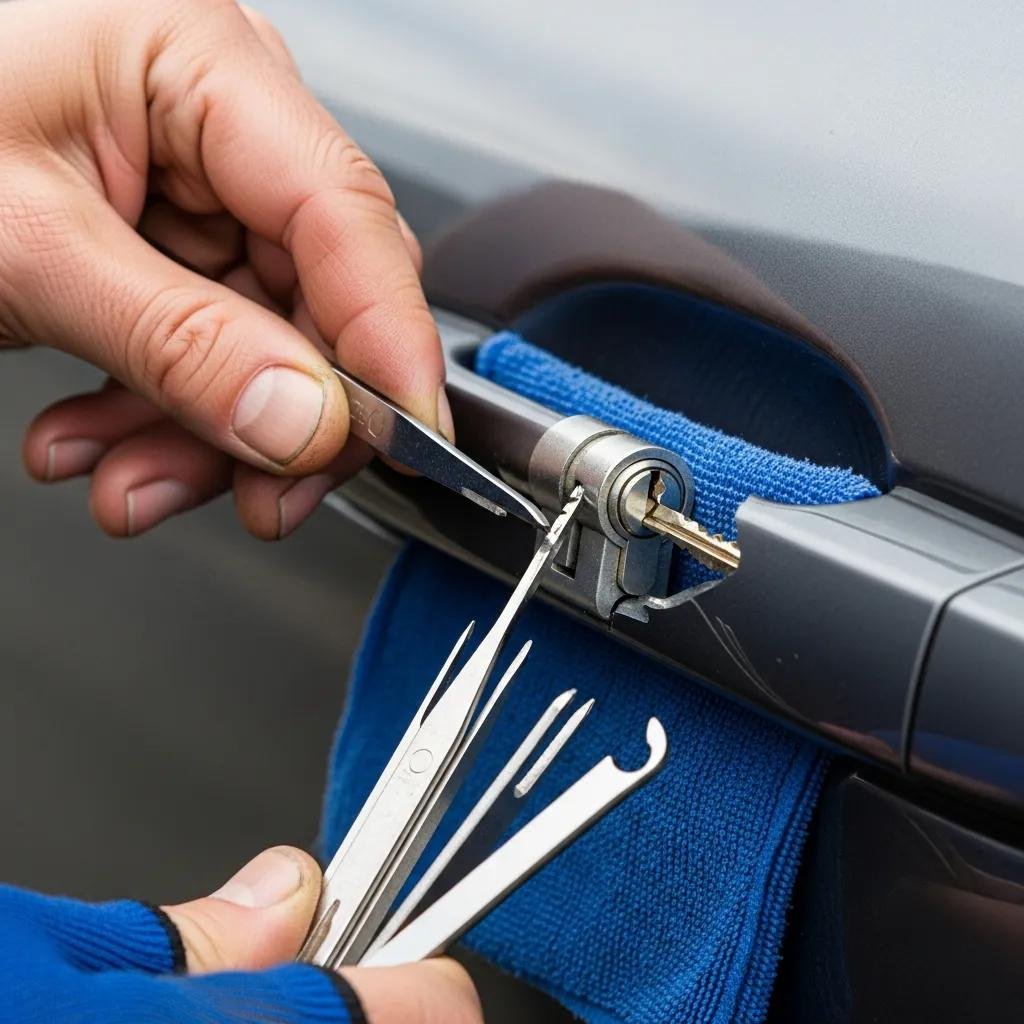 Locksmith performing broken key extraction from a car lock