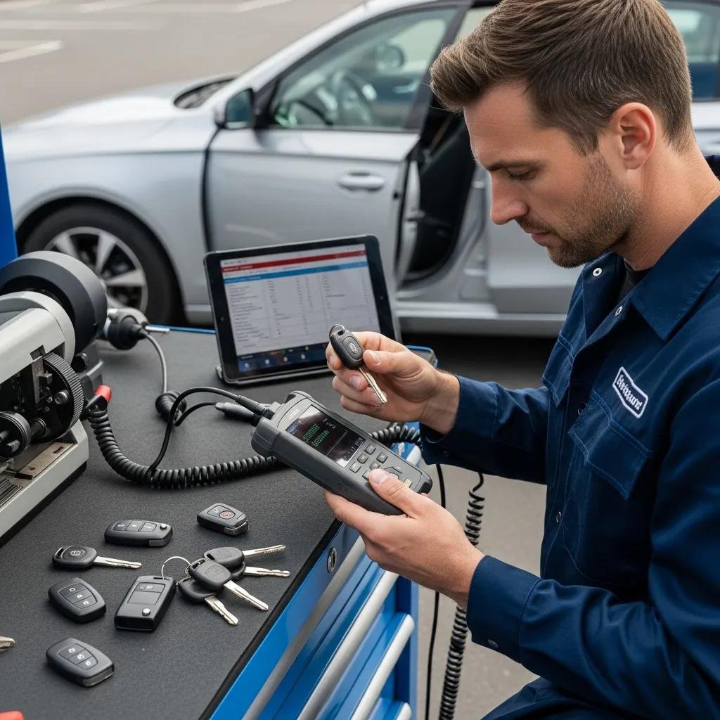 Locksmith performing car key replacement service with tools and car in background