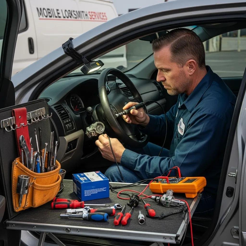 Locksmith performing ignition cylinder replacement in a mobile service setting