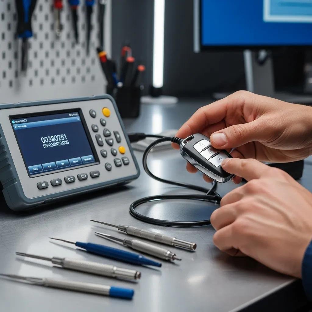 Technician programming a car key fob — on-site key replacement in Charlotte
