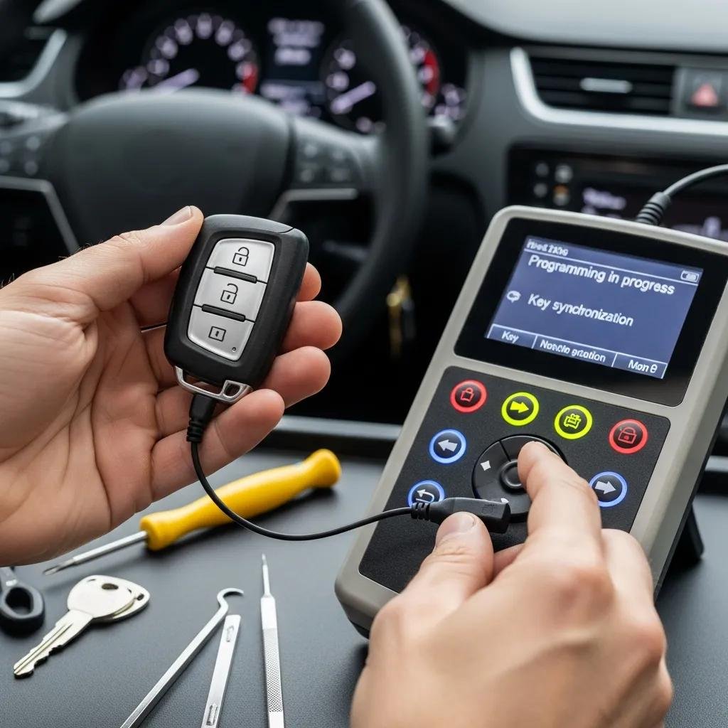 Locksmith programming a car key fob with specialized equipment, showing key synchronization process and tools on dashboard.