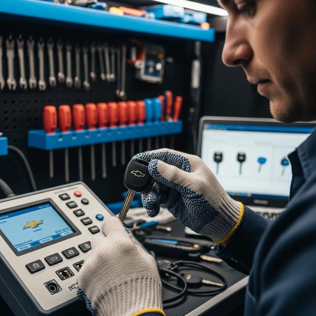 Locksmith programming a Chevy transponder key using diagnostic equipment in a mobile workshop setting, surrounded by tools and a computer display.