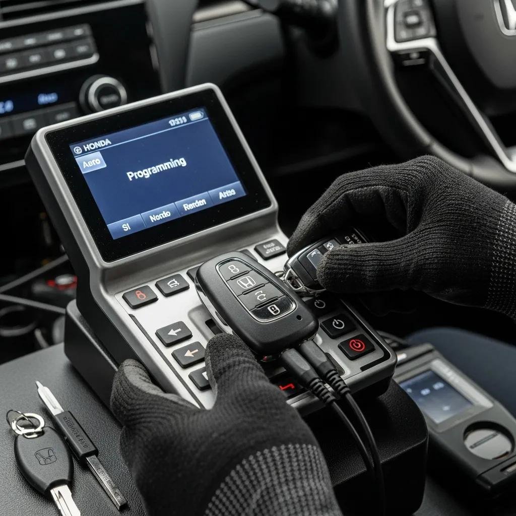 Locksmith programming a Honda key with specialized equipment