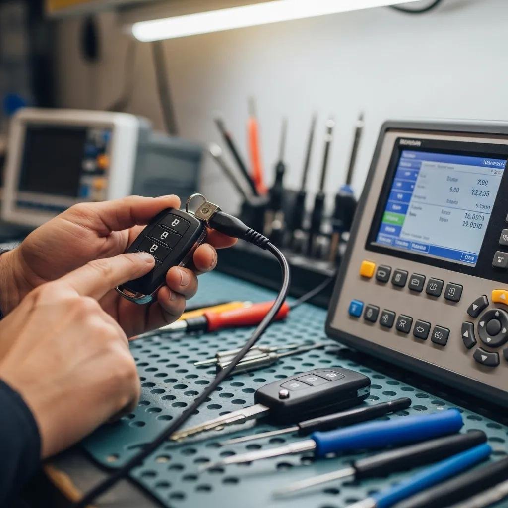 Locksmith programming a key fob with diagnostic tools in a workshop