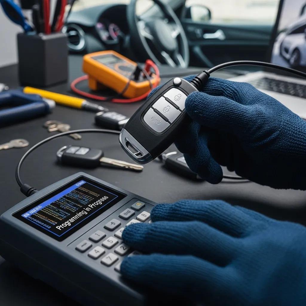 Locksmith programming a key fob with specialized equipment