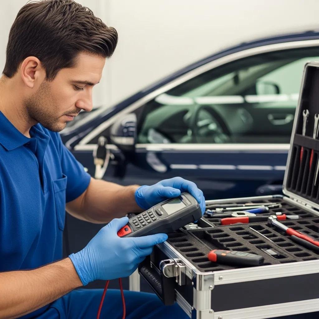 Locksmith programming a new car key on-site, highlighting mobile service convenience