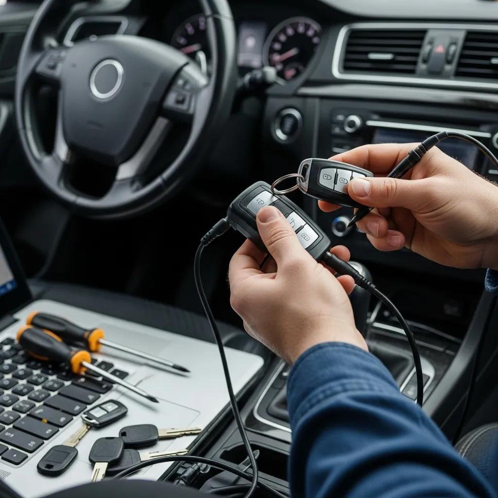 Locksmith programming a smart key fob with specialized equipment in a car interior