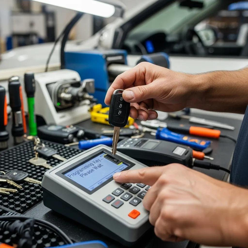 Locksmith programming a transponder key in a workshop setting
