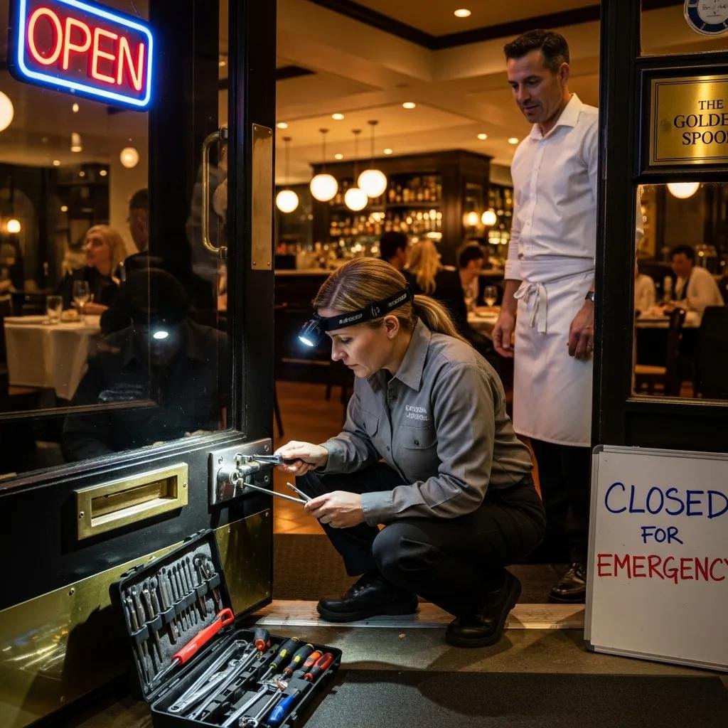 Locksmith providing emergency services in a restaurant setting highlighting security maintenance