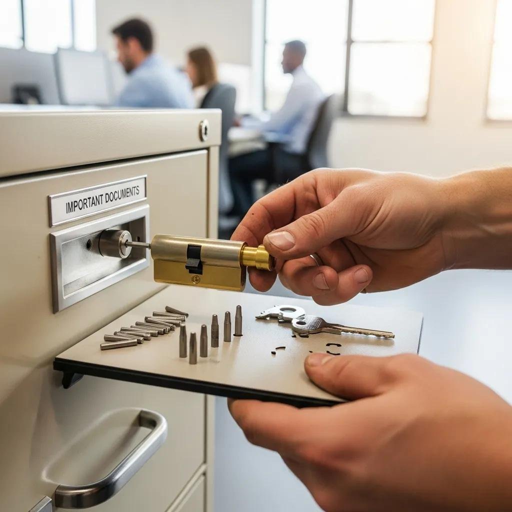 Locksmith rekeying a commercial lock, highlighting security measures for employee turnover