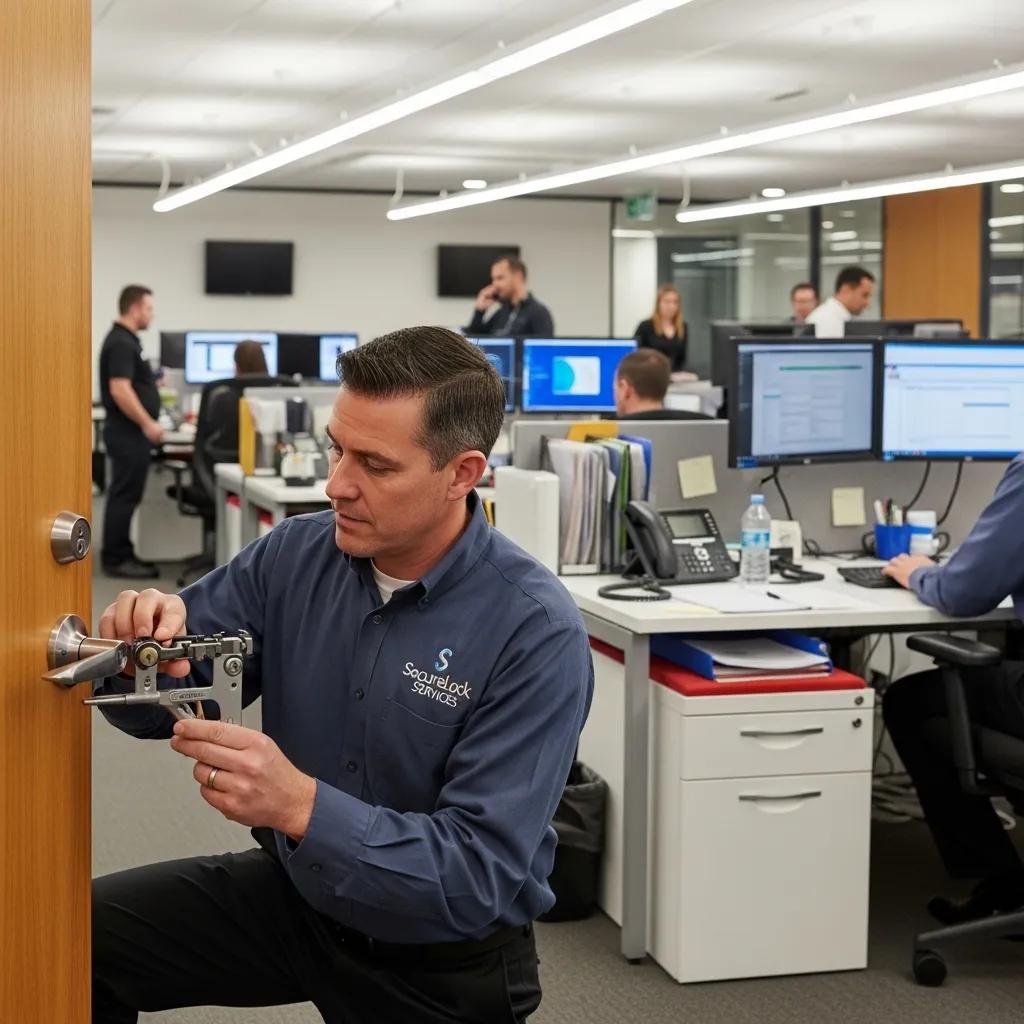 Locksmith rekeying a commercial lock in an office environment, emphasizing business security