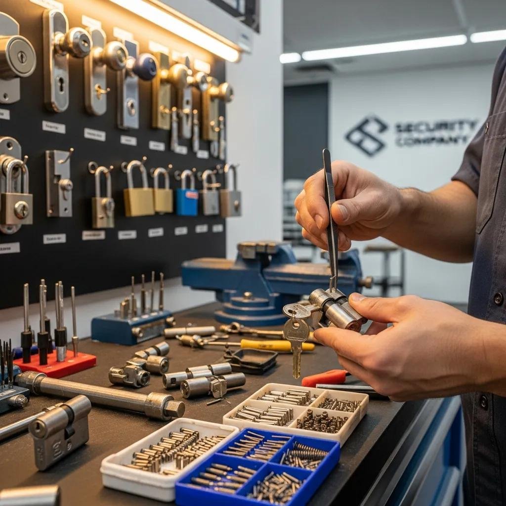 Locksmith rekeying a lock, showcasing tools and various locks in a professional setting