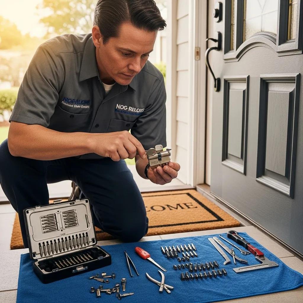 Locksmith rekeying a residential door lock, emphasizing security services in Charlotte, NC