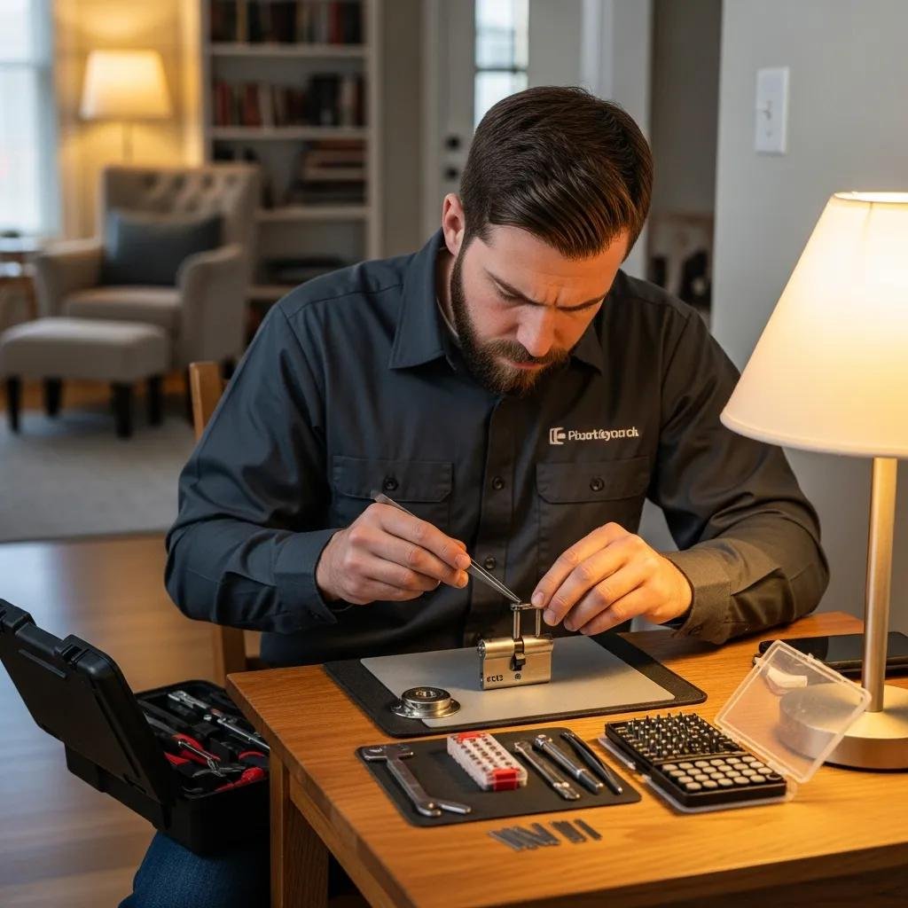 Locksmith rekeying a residential lock, emphasizing security and professionalism