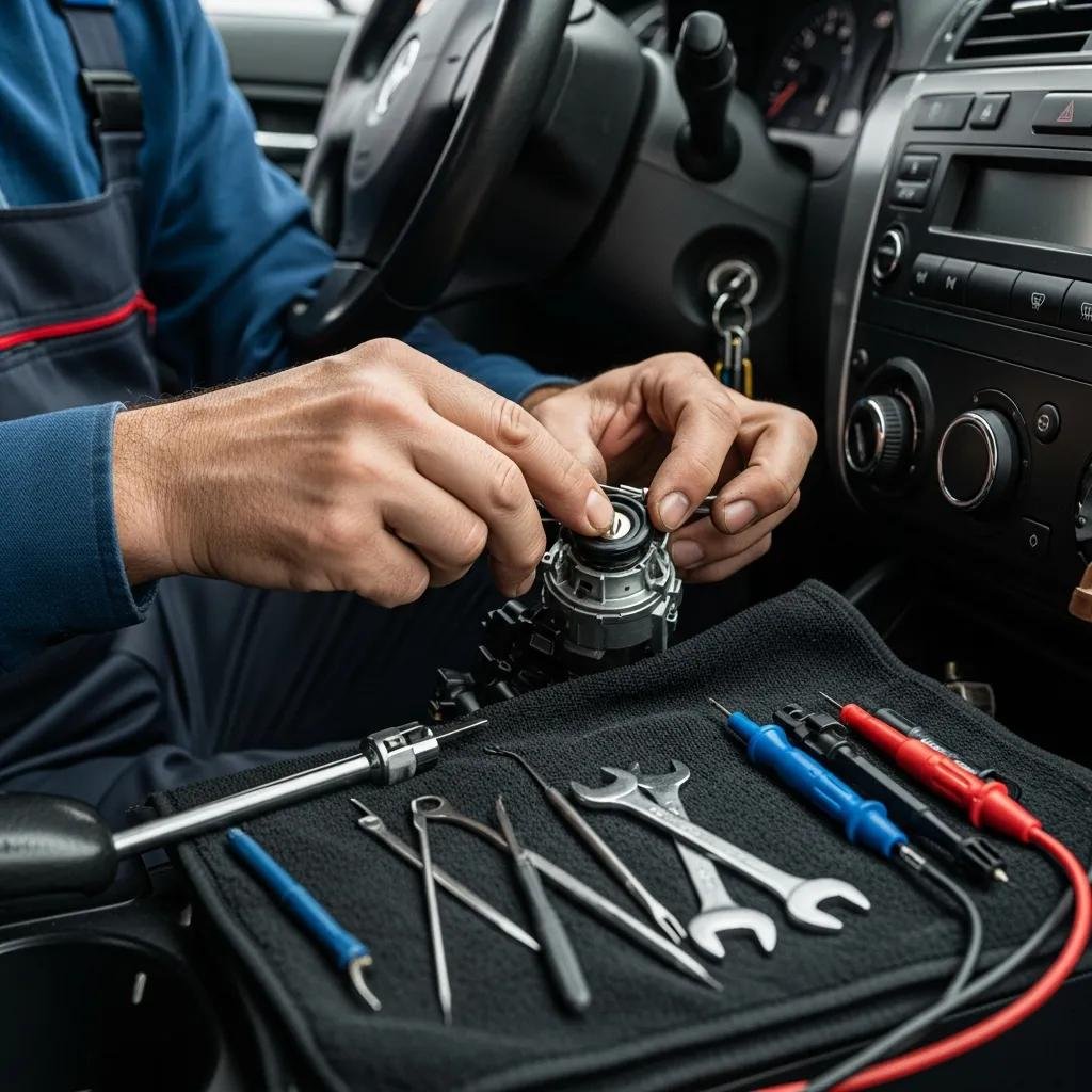 Locksmith repairing a car ignition system, highlighting automotive emergency services