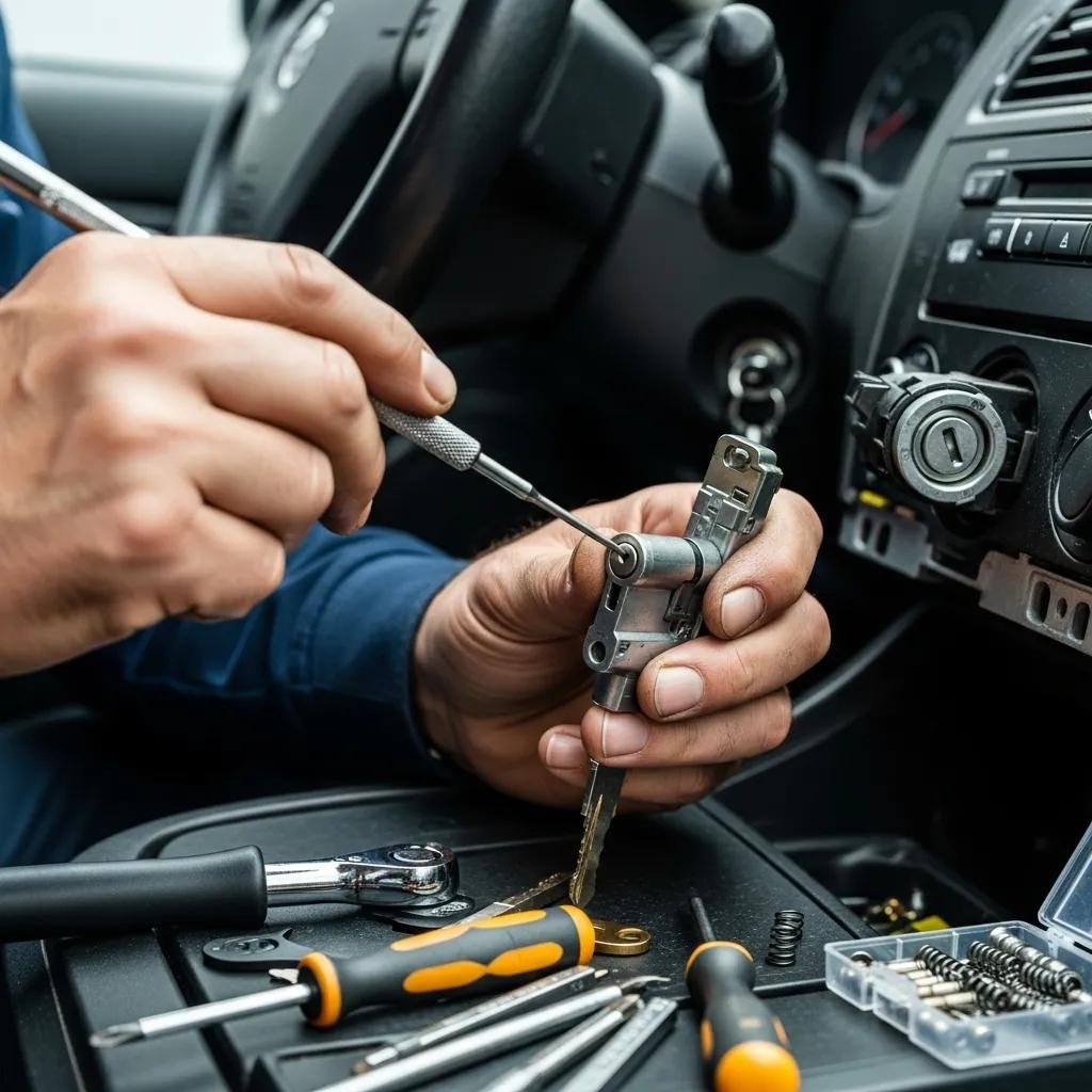 Locksmith repairing a car ignition system, highlighting automotive emergency services