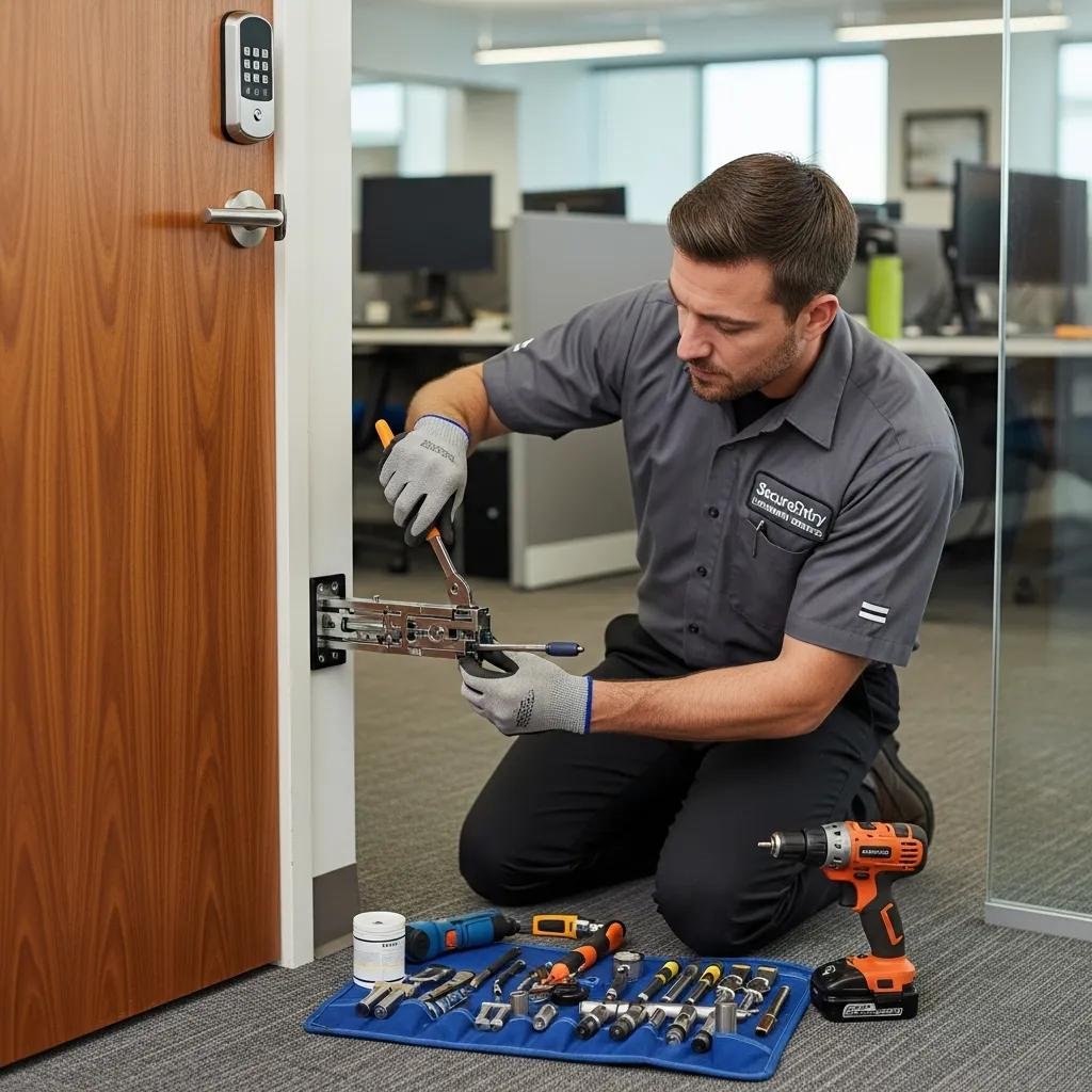 Locksmith repairing a commercial office door lock, showcasing professional security solutions