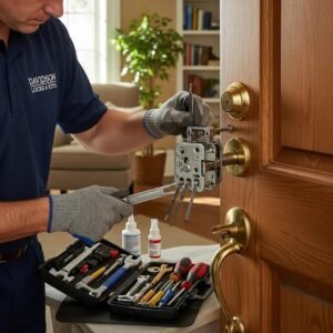 Locksmith repairing a deadbolt in a residential home, highlighting security services in Davidson, NC