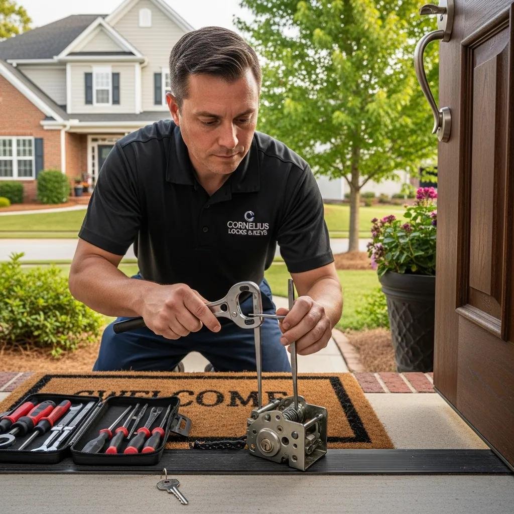 Locksmith repairing a deadbolt in a residential home in Cornelius, NC
