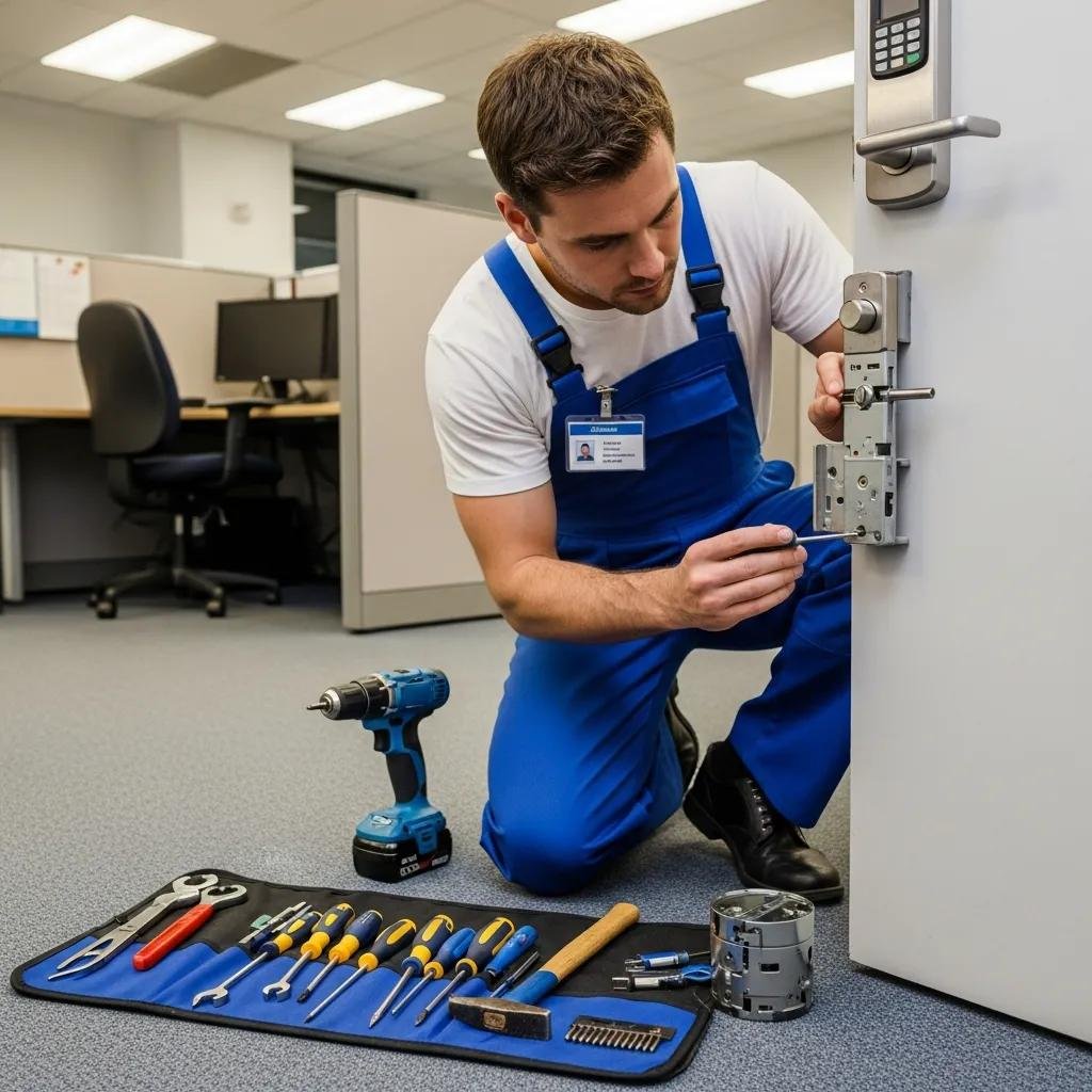 Locksmith repairing an office door lock, illustrating commercial lock repair services in Davidson, NC