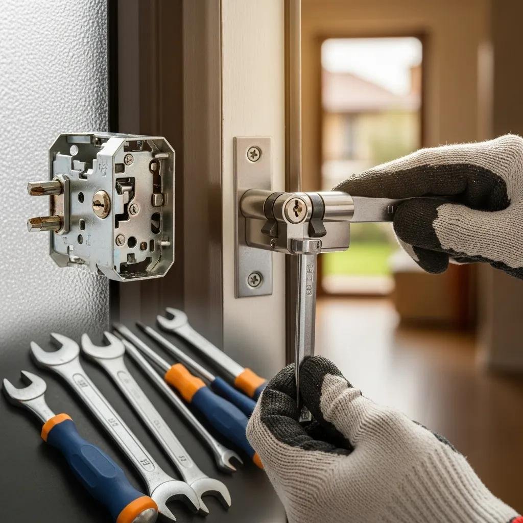Locksmith replacing a damaged lock, showcasing home security upgrade