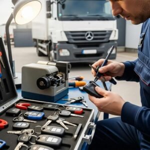 Locksmith replacing a truck key with tools and truck in the background