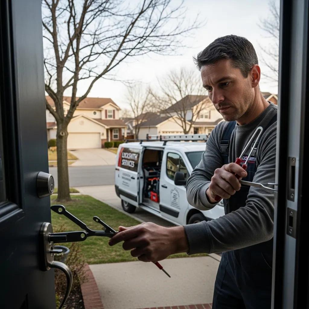 Locksmith responding to an emergency call, unlocking a door in a suburban neighborhood