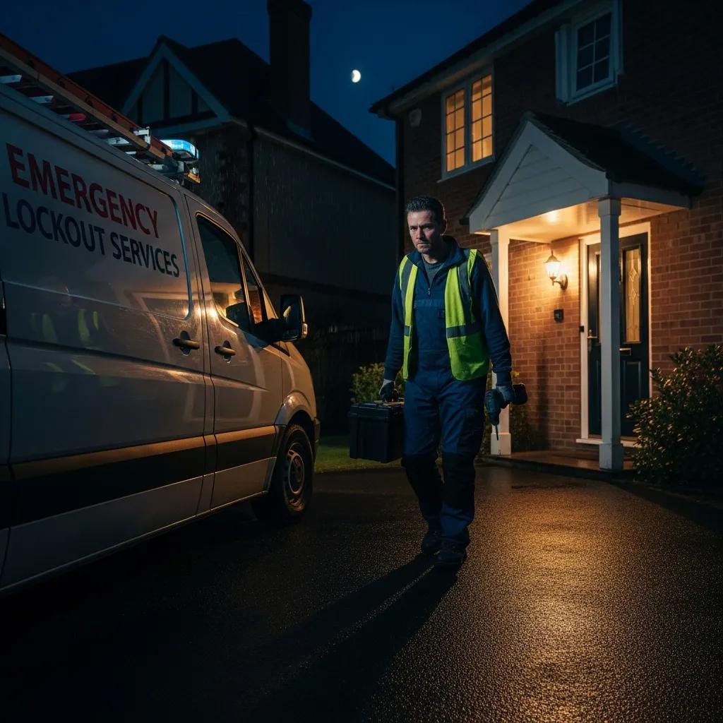 Locksmith responding to an emergency safe lockout at night, highlighting urgent service availability in Charlotte