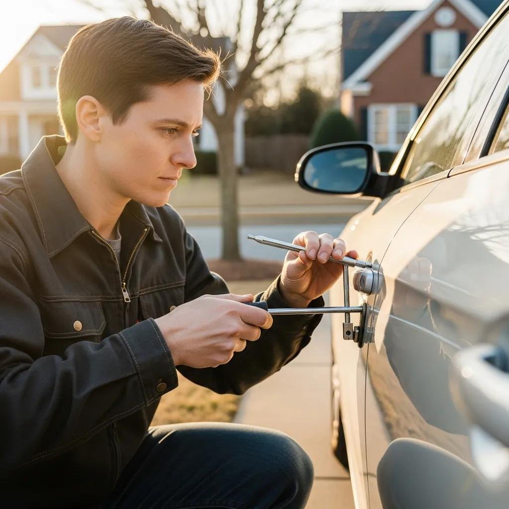 Locksmith unlocking a car door, demonstrating expertise in automotive locksmith services