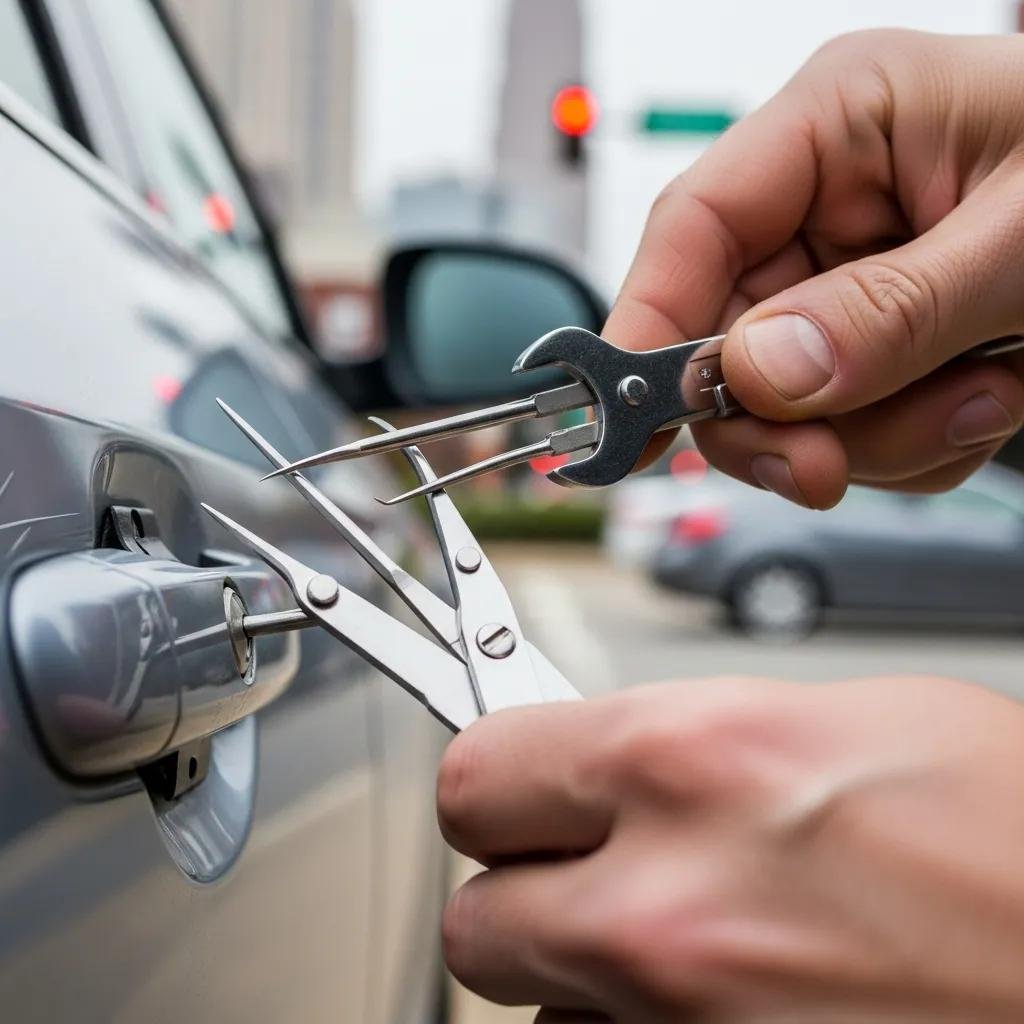Automotive locksmith using tools to unlock a car door, illustrating emergency locksmith solutions for urgent car lockouts.