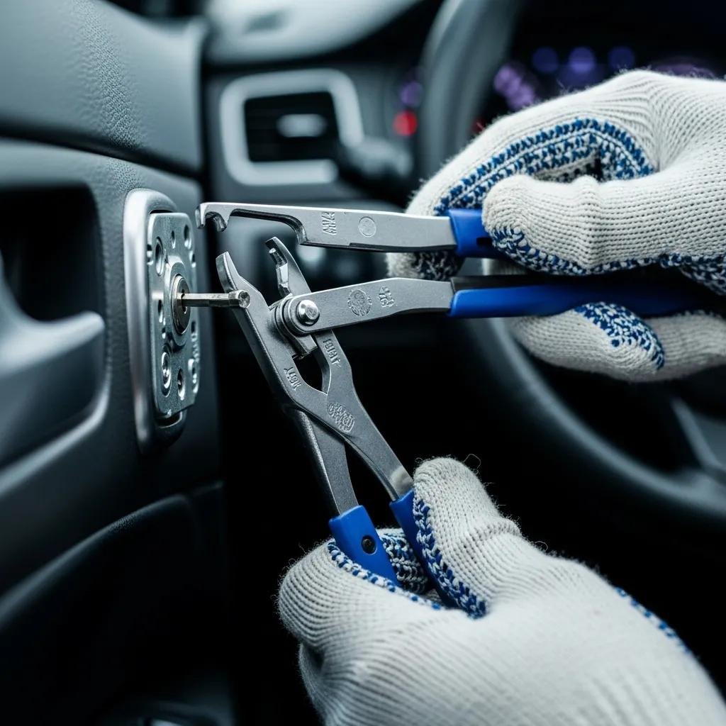 Automotive locksmith using specialized tools to unlock a car door, showcasing emergency lockout solutions in Charlotte.