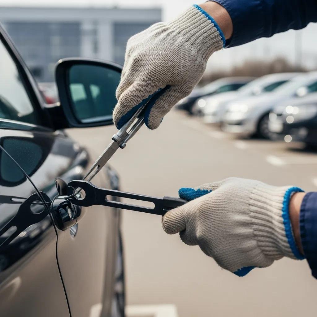Locksmith unlocking a car door with specialized tools