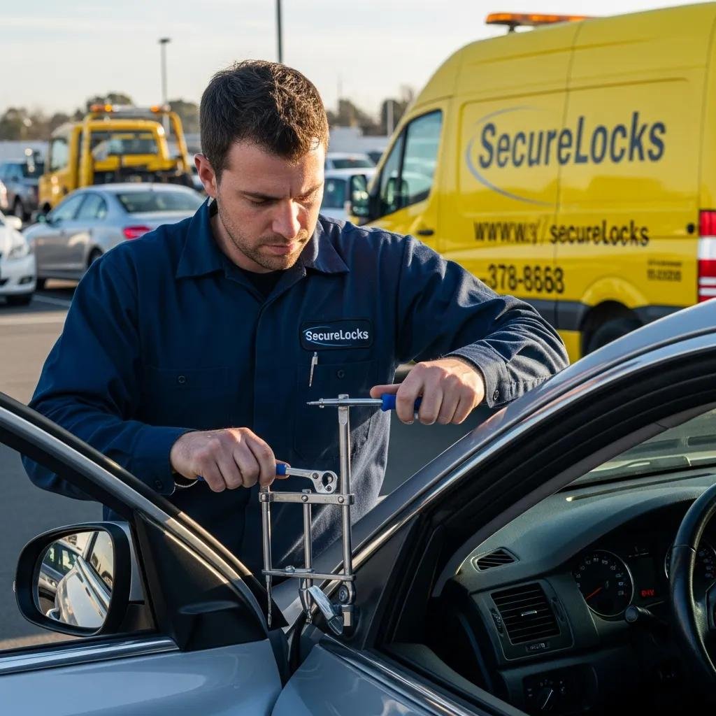 Locksmith unlocking a car door with specialized tools in a parking lot