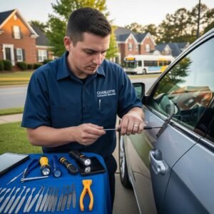 Locksmith unlocking a car door with specialized tools in a suburban Charlotte setting