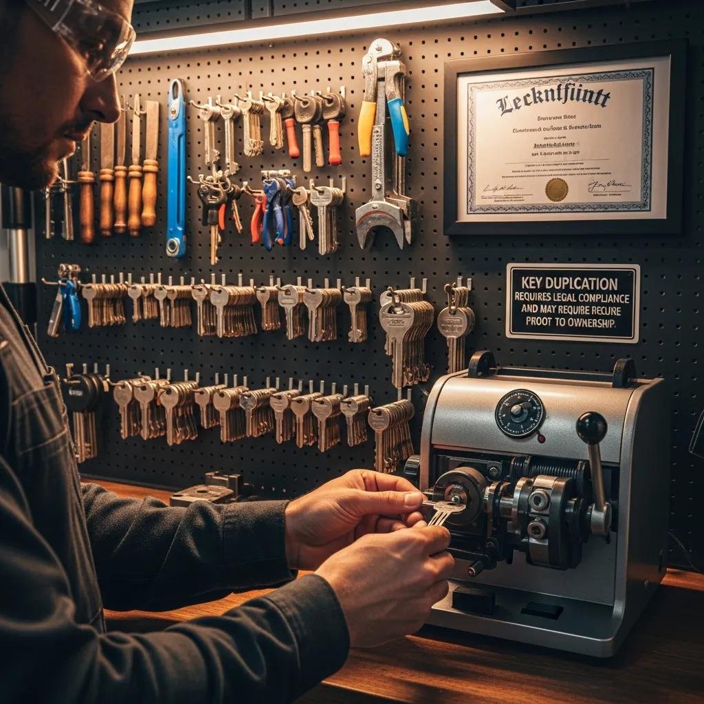 Locksmith using a key duplication machine in a professional workshop, highlighting key duplication laws