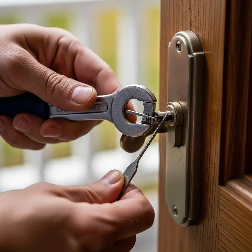 Locksmith using specialized tools to unlock a door, illustrating emergency lockout services
