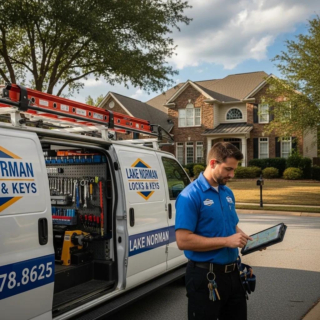 Locksmith van ready for service in a residential area, illustrating fast response times for emergency locksmith services