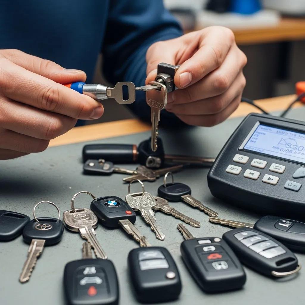 Locksmith working on car key replacement with various keys and programming device, illustrating key services