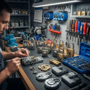 Locksmith working with various locks and tools in a workshop, highlighting security services