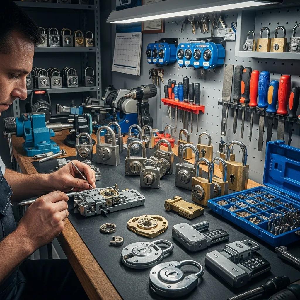 Locksmith working with various locks and tools in a workshop, highlighting security services
