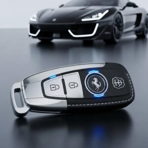 Luxury car key with intricate design on a sleek surface, representing high-end vehicle services