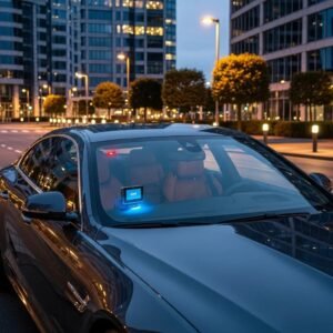 Luxury car with advanced security features in a modern urban setting